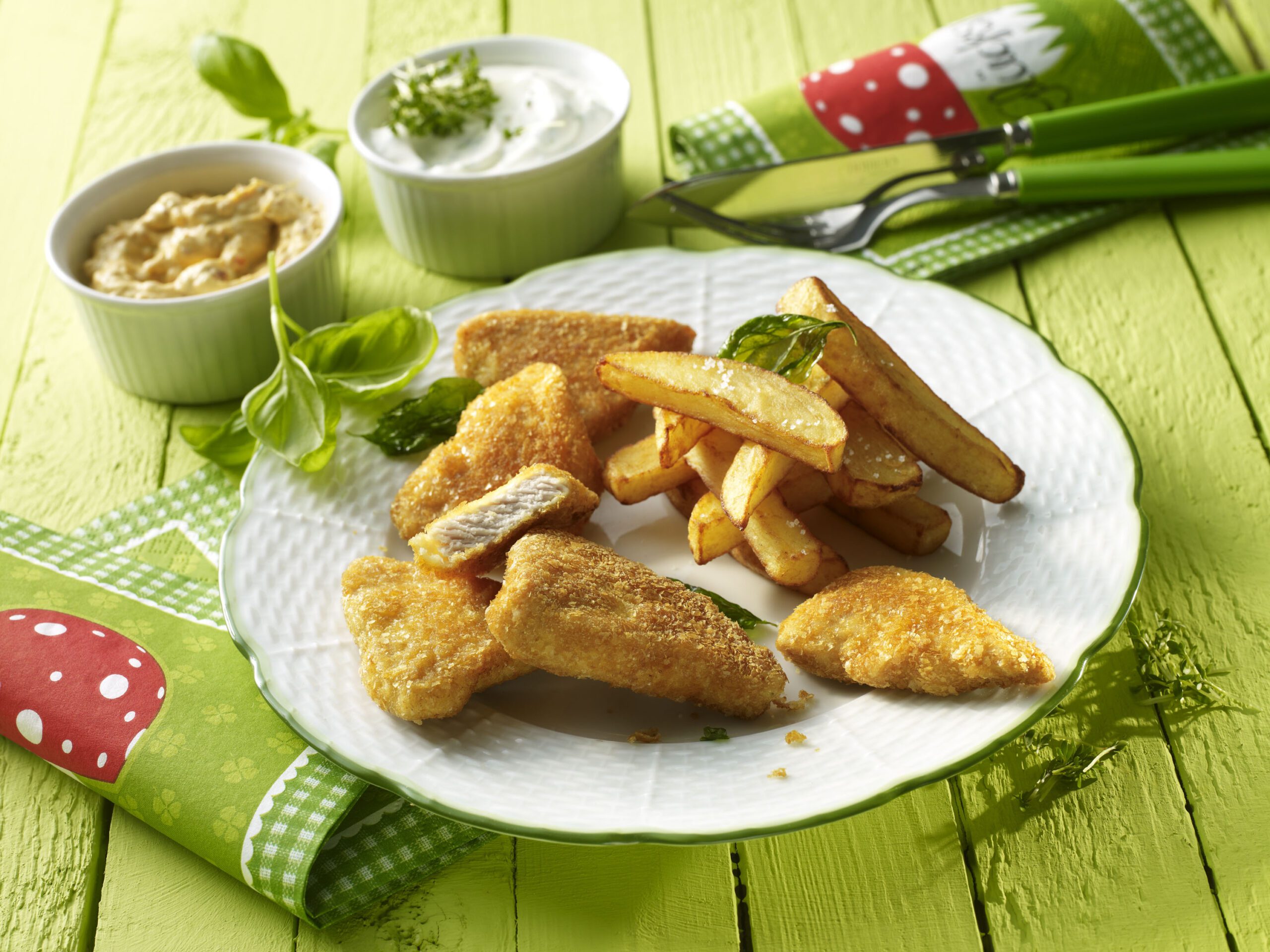 Putennuggets in Kartoffelkruste mit Fritten und zweierlei Dips